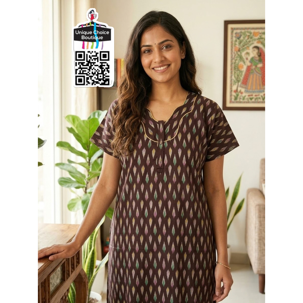 Comfortable Indian Pure Cotton Nighty – Brown Ikkat Print