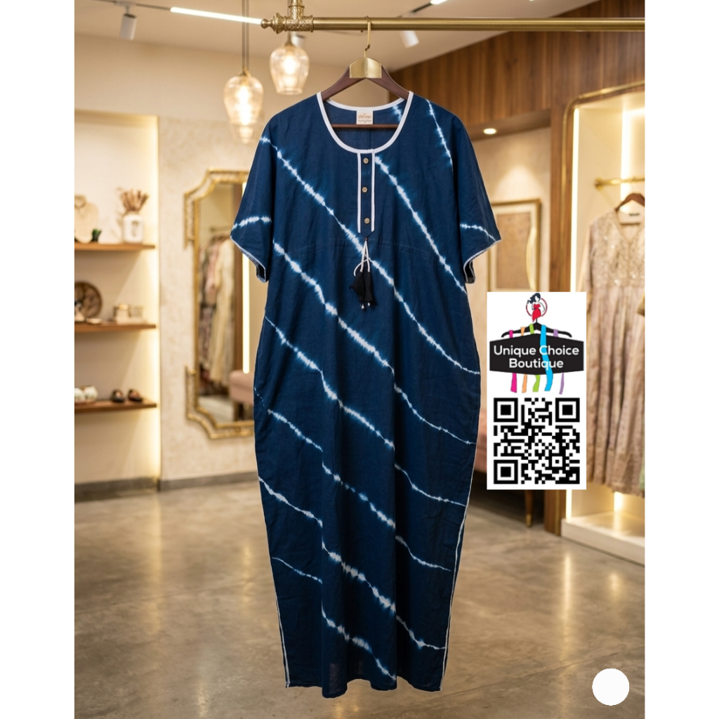Premium Pure Cotton Kaftan Nighty – Dark Navy Blue