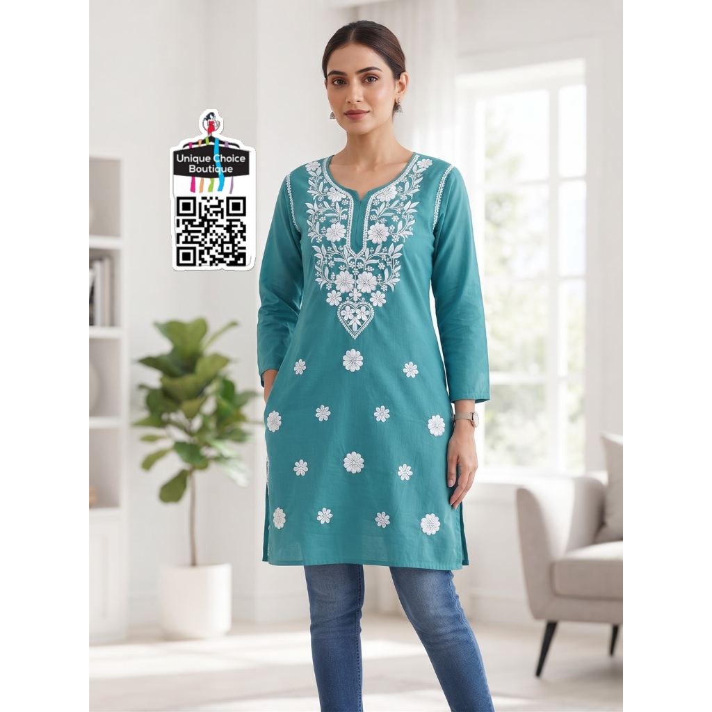 Lucknowi Chikankari Rayon Cotton Straight Kurti – Peacock green - XL / XXL Size