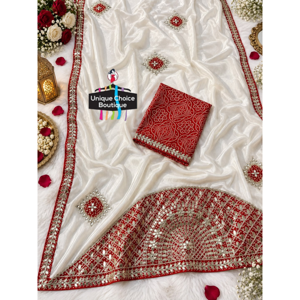 Premium Off-White Chinon Silk Saree with Heavy Red Bandhej Pallu