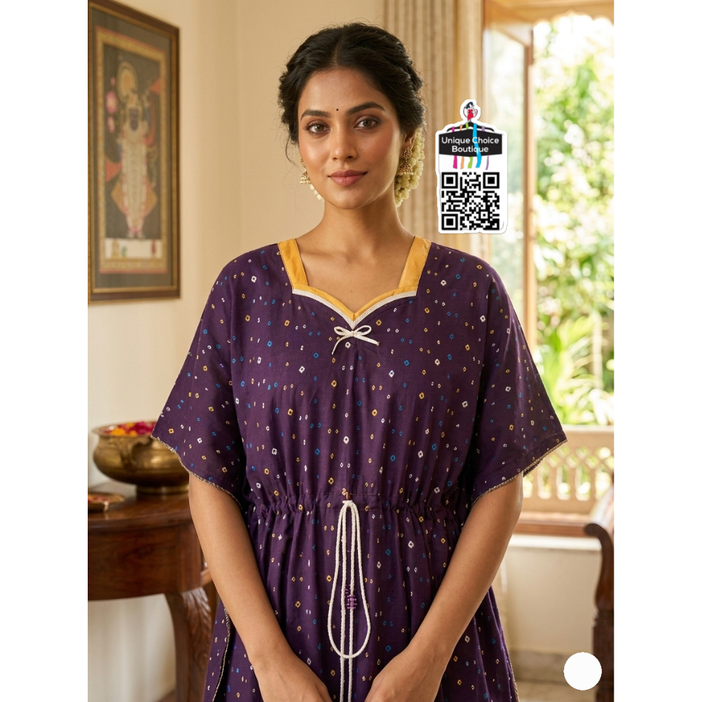 Pure Cotton Kaftan Nighty – Deep purple polka dots
