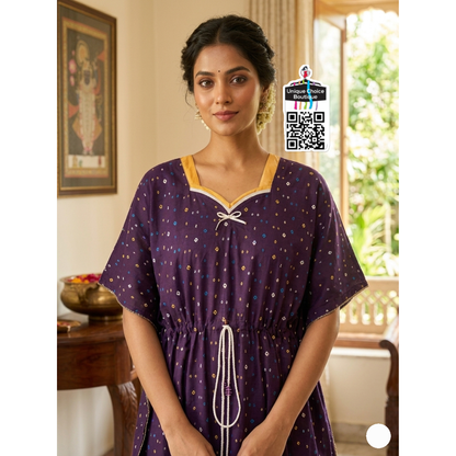 Pure Cotton Kaftan Nighty – Deep purple polka dots