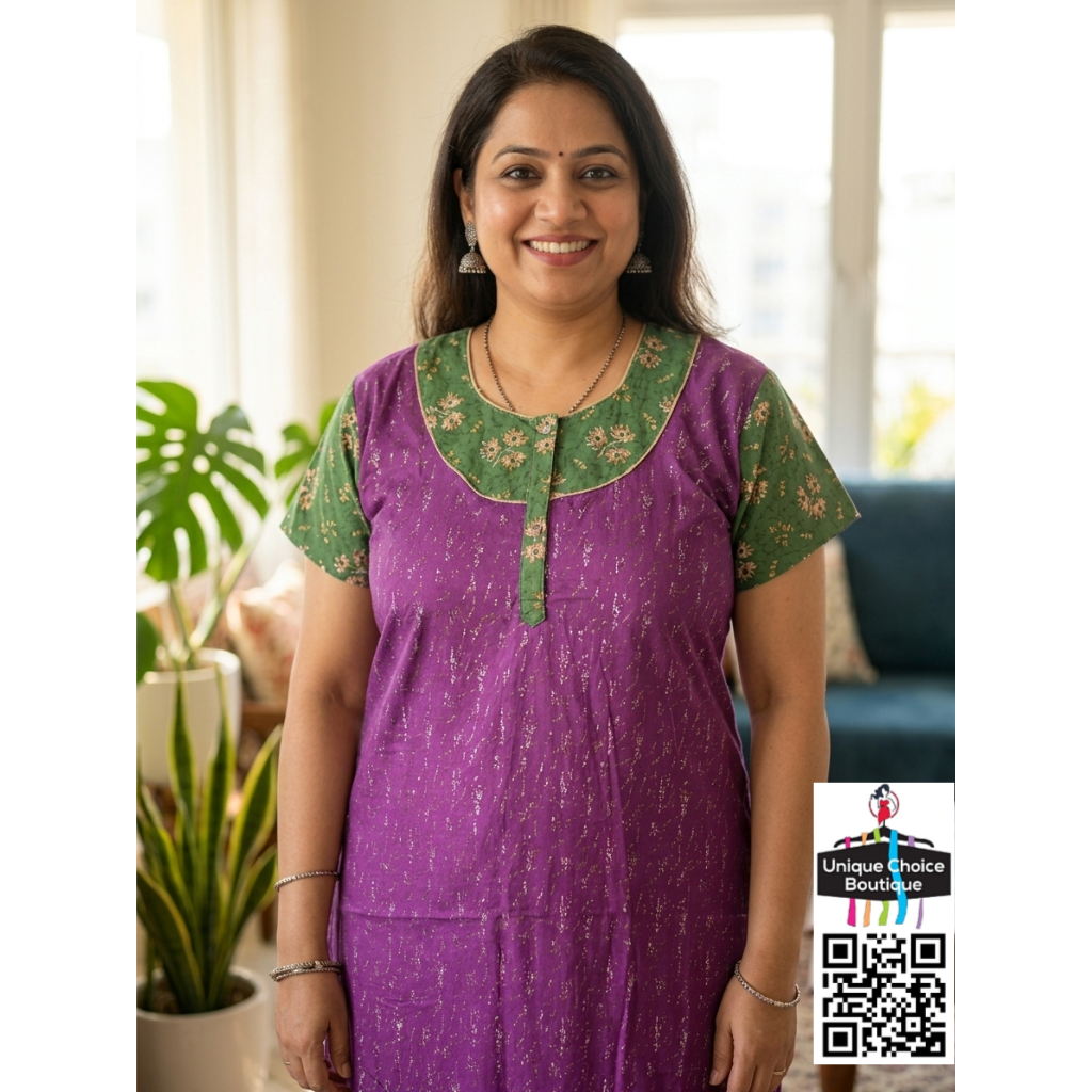 Premium Plus Size Pure Cotton Nighty - Purple and Green