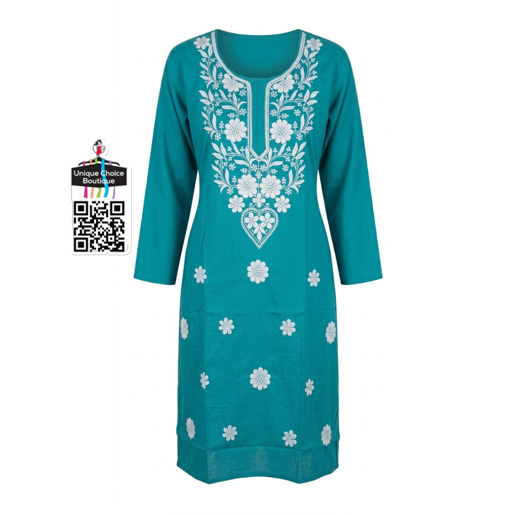 Lucknowi Chikankari Rayon Cotton Straight Kurti – Peacock green - XL / XXL Size