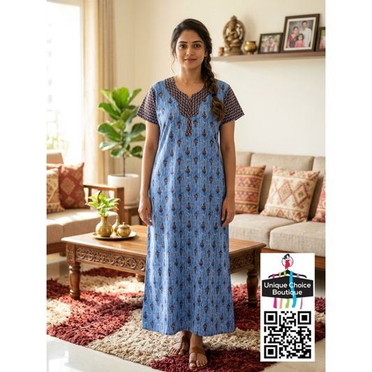 Premium Pure Cotton Nighty – Blue and Maroon
