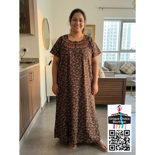 Premium Plus Size Pure Cotton Floral Nighty - Brown with Peach & Orange