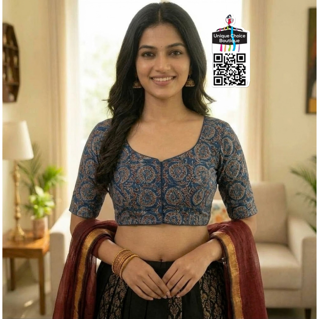 Readymade Pure Cotton Kalamkari Saree Blouse – Indigo Navy - Size 38/40/42/44