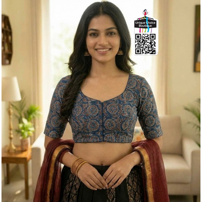Readymade Pure Cotton Kalamkari Saree Blouse – Indigo Navy - Size 38/40/42/44