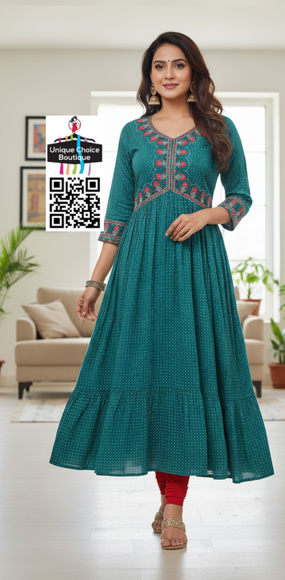 B Alia Cut Anarkali Kurti Embroidery Rayon Print new