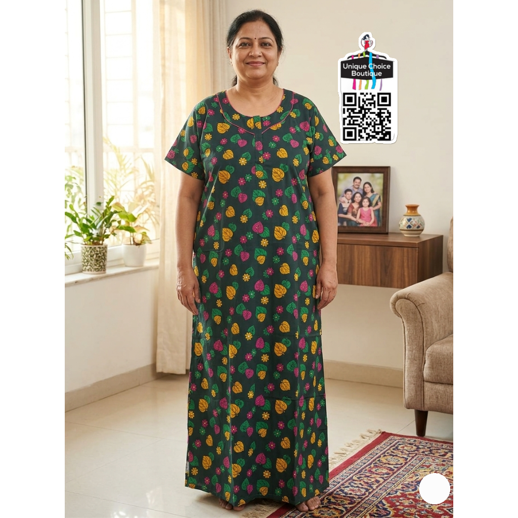 3XL Size-Plus Size-Cotton Nighty- Dark Green Leaf pattern
