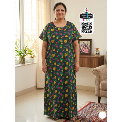 3XL Size-Plus Size-Cotton Nighty- Dark Green Leaf pattern