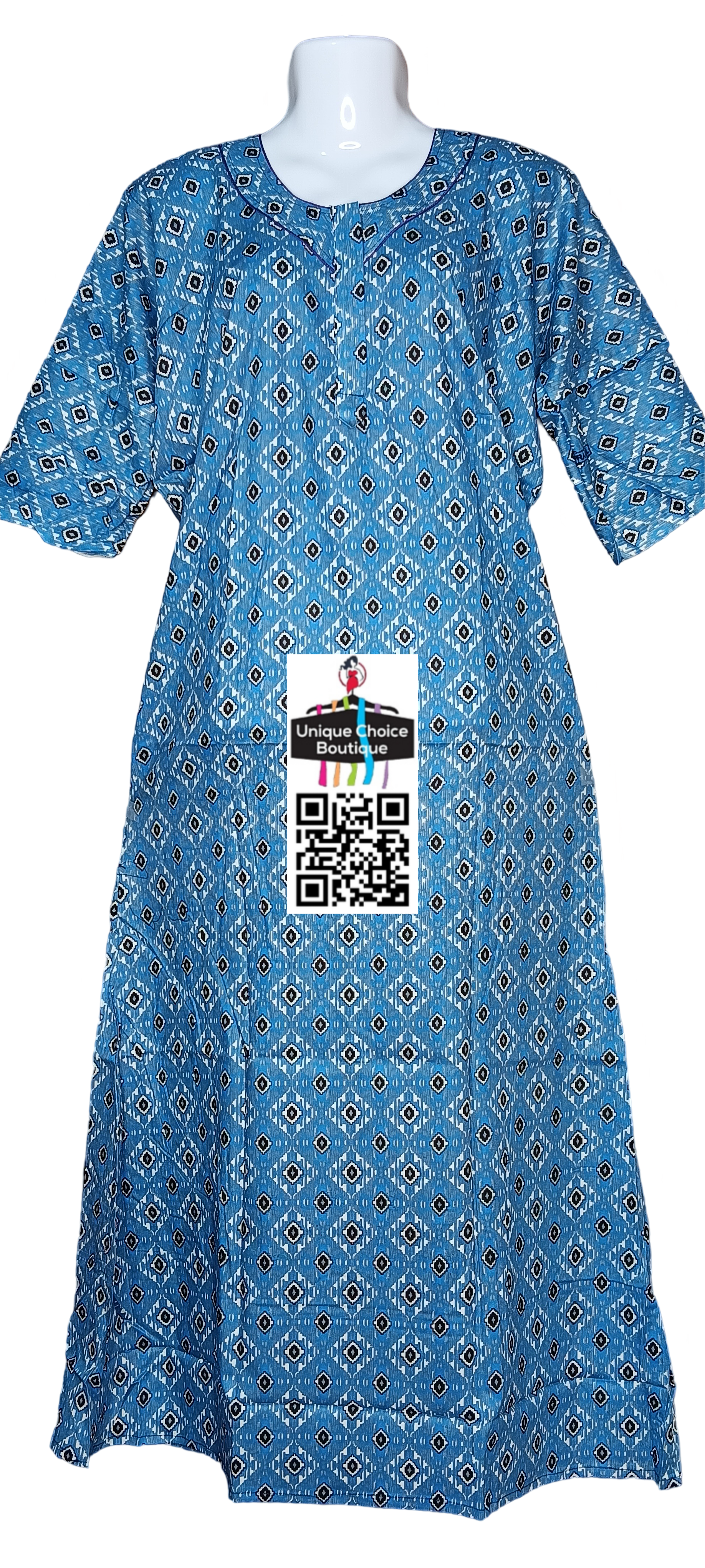 Cotton Nighty with Zip-Blue Printed-Long Sleeves