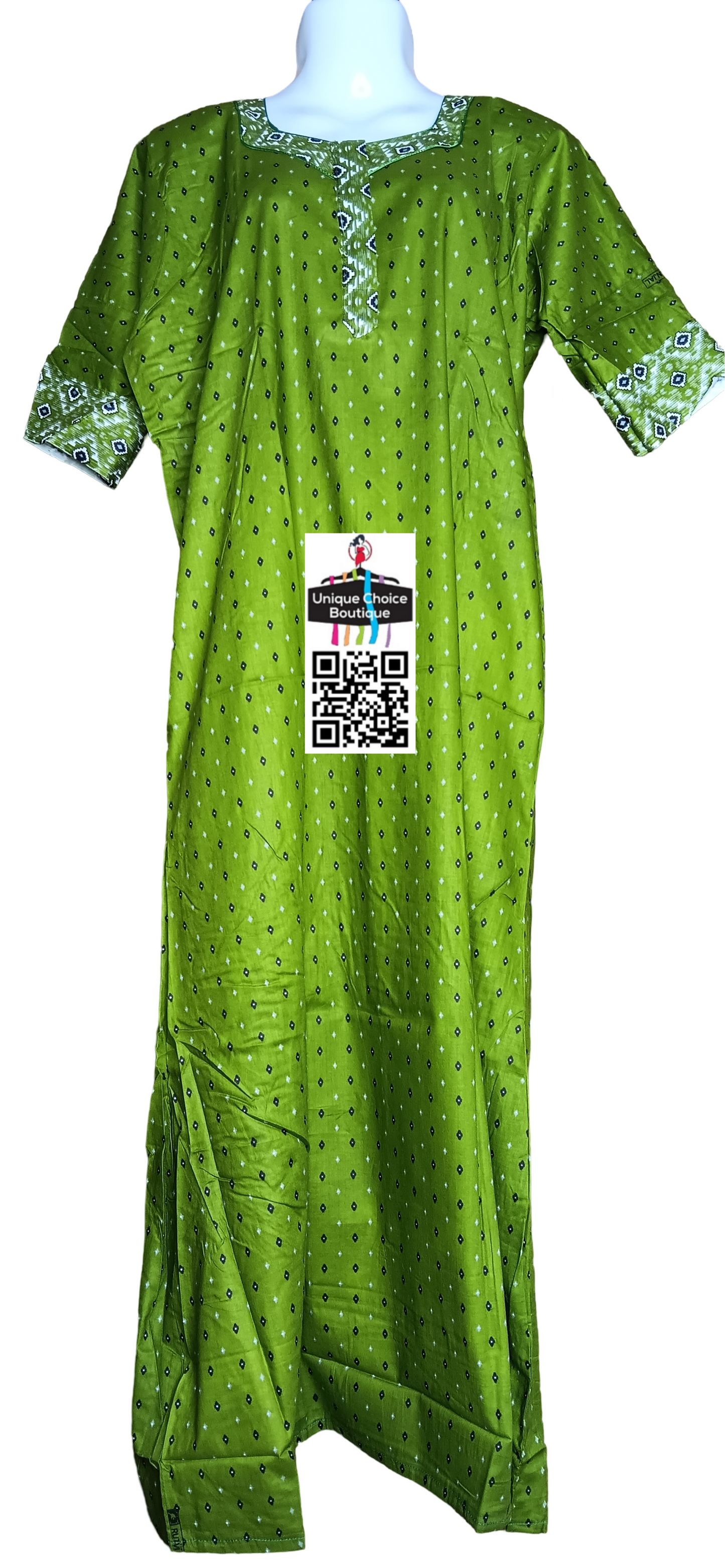 Cotton Nighty with Zip, Nightgown-Leafy Green-1
