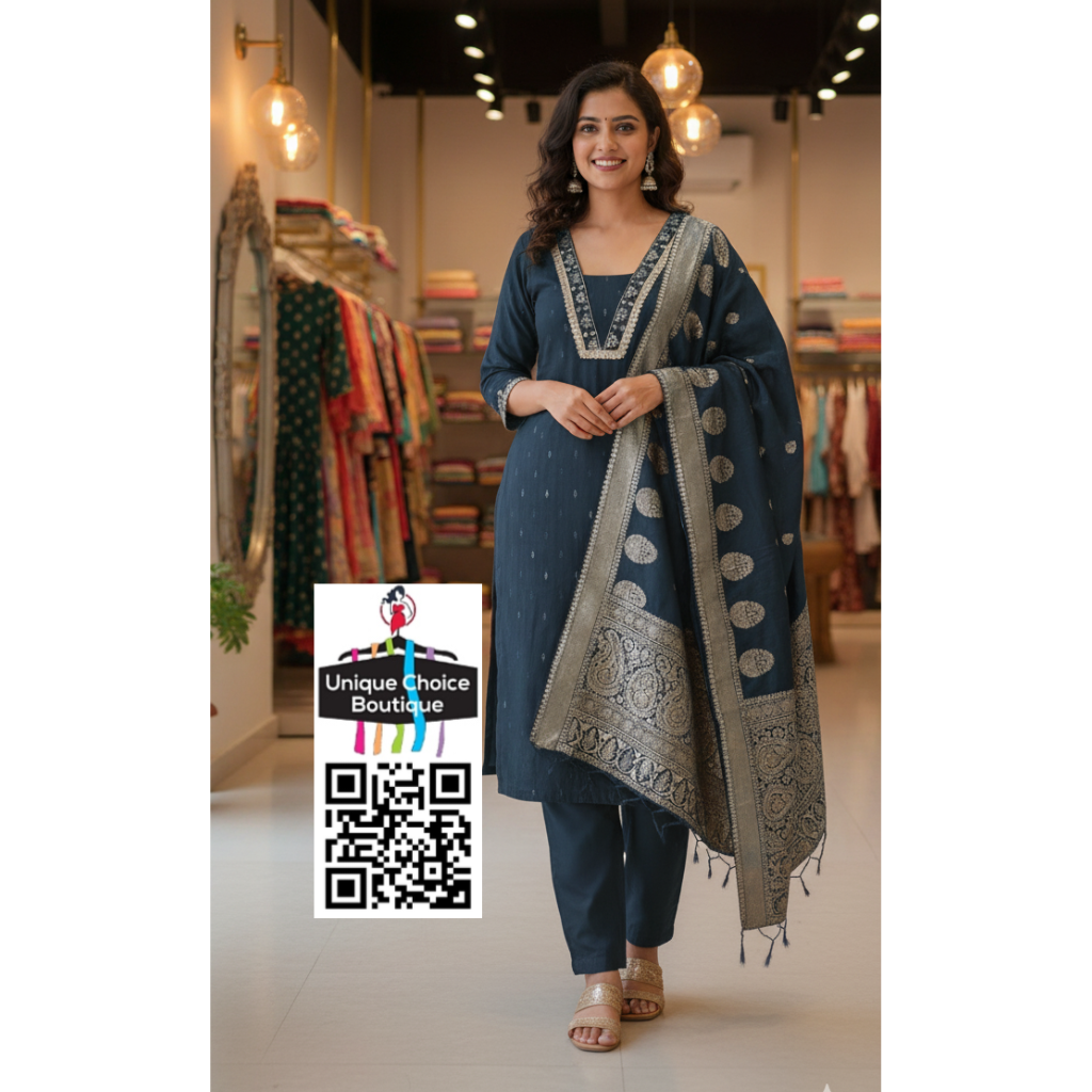 Dark Navy Blue V neck Silk 3pc Salwar suit