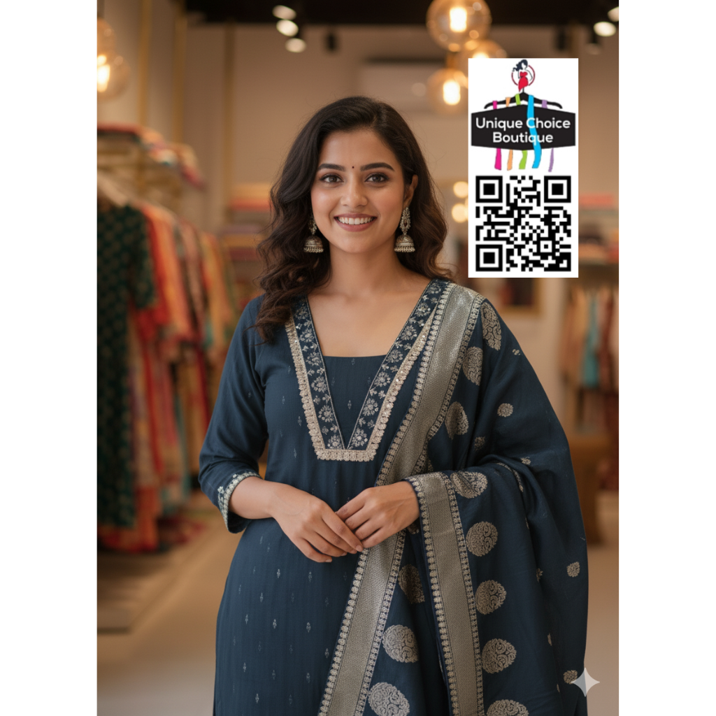 Dark Navy Blue V neck Silk 3pc Salwar suit 1