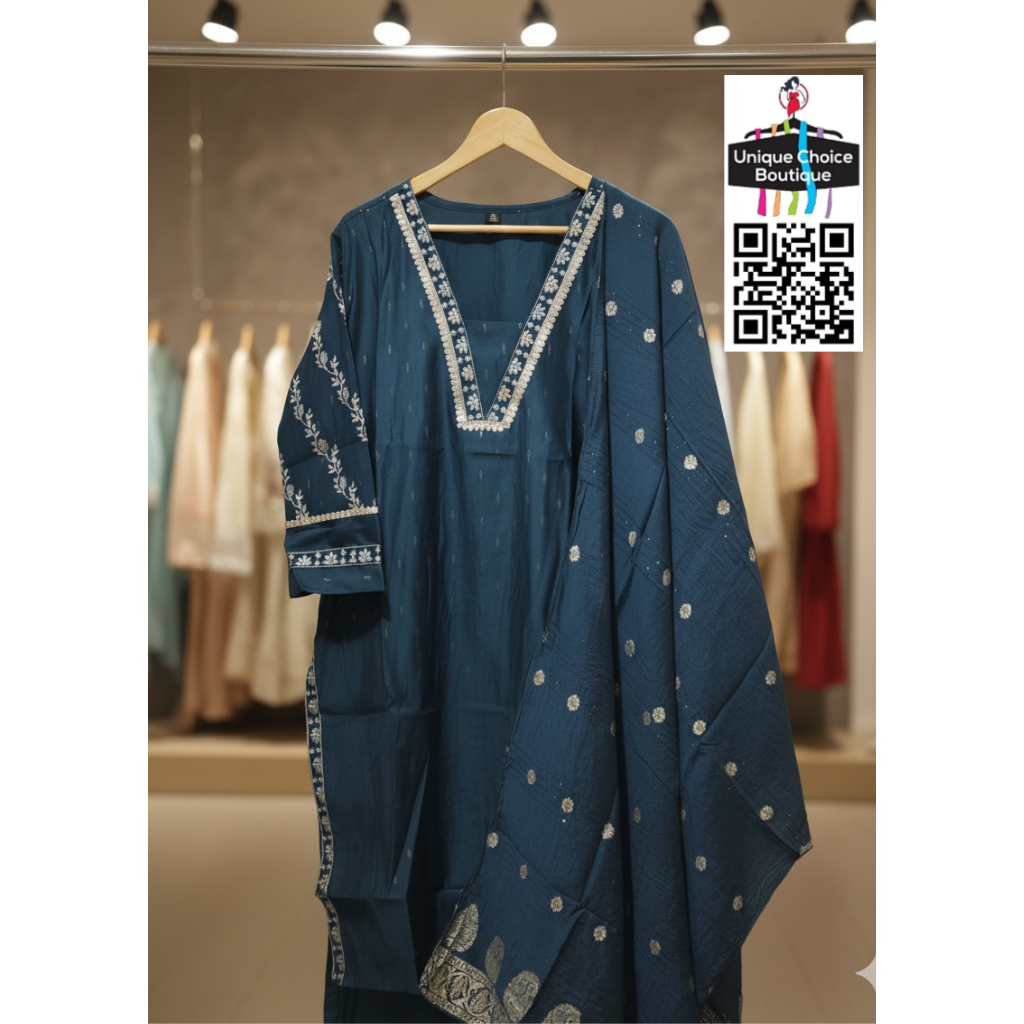 Dark Navy Blue V neck Silk 3pc Salwar suit 2