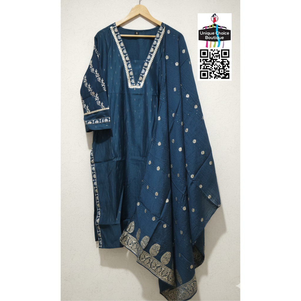 Dark Navy Blue V neck Silk 3pc Salwar suit 3