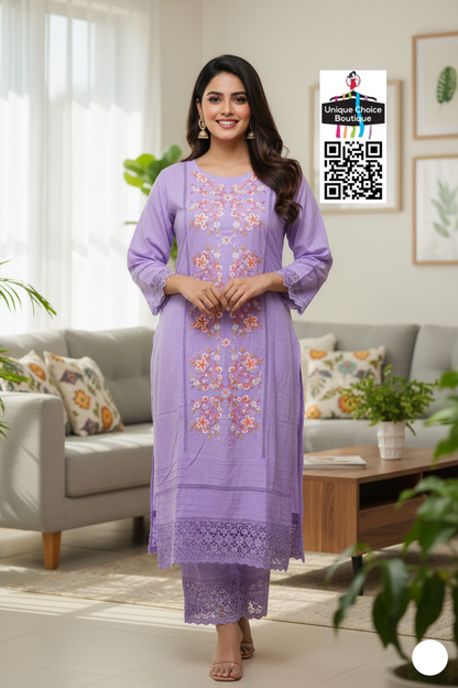 Embroidered Rayon Cotton Violet Co-ord Set