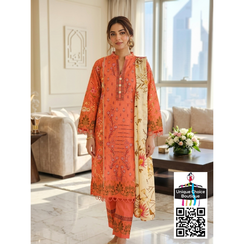 Premium Pakistani Lawn Suit - Coral Embroidered 3PC Set Salwar Suits