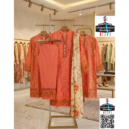 Premium Pakistani Lawn Suit - Coral Embroidered 3PC Set Salwar Suits