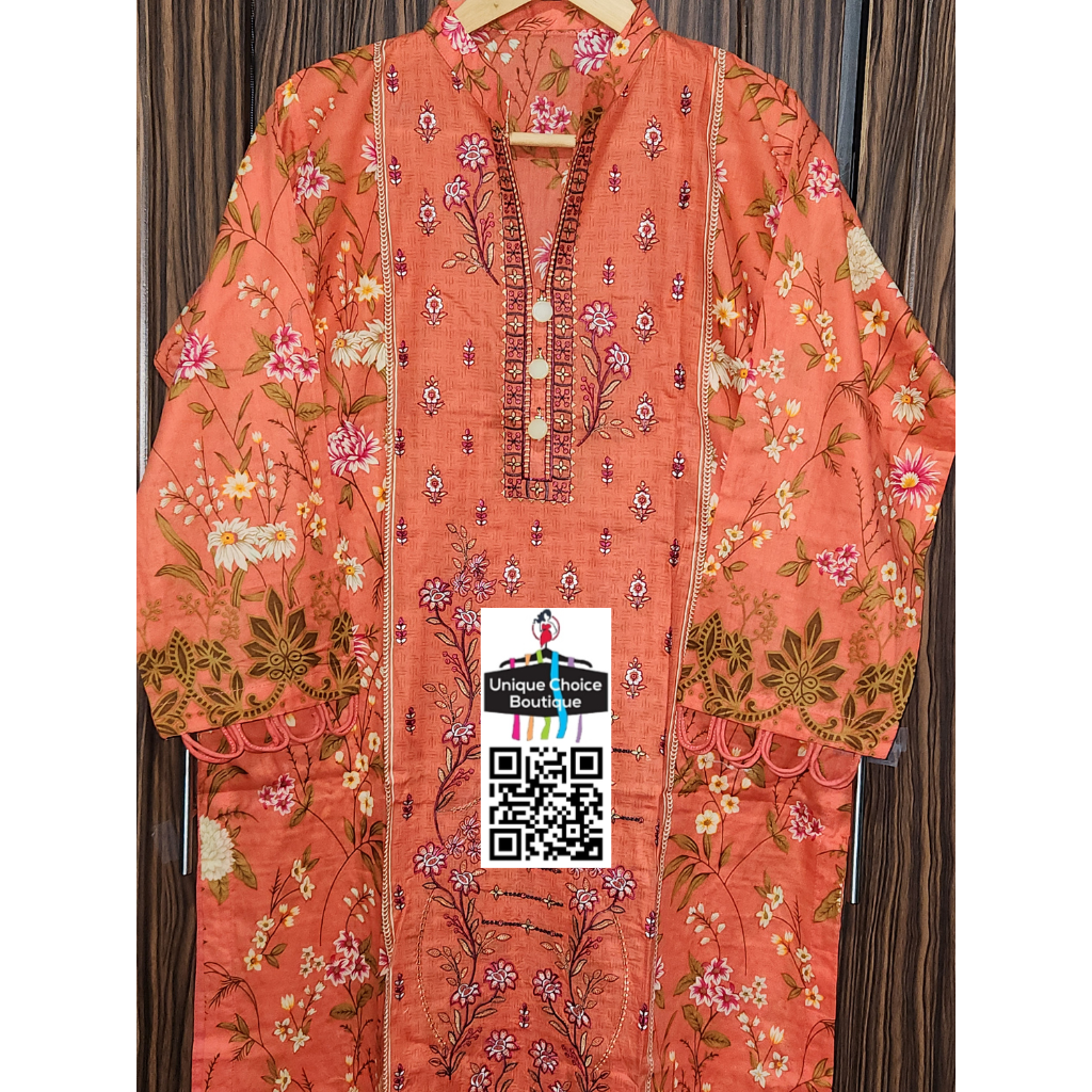 Premium Pakistani Lawn Suit - Coral Embroidered 3PC Set Salwar Suits