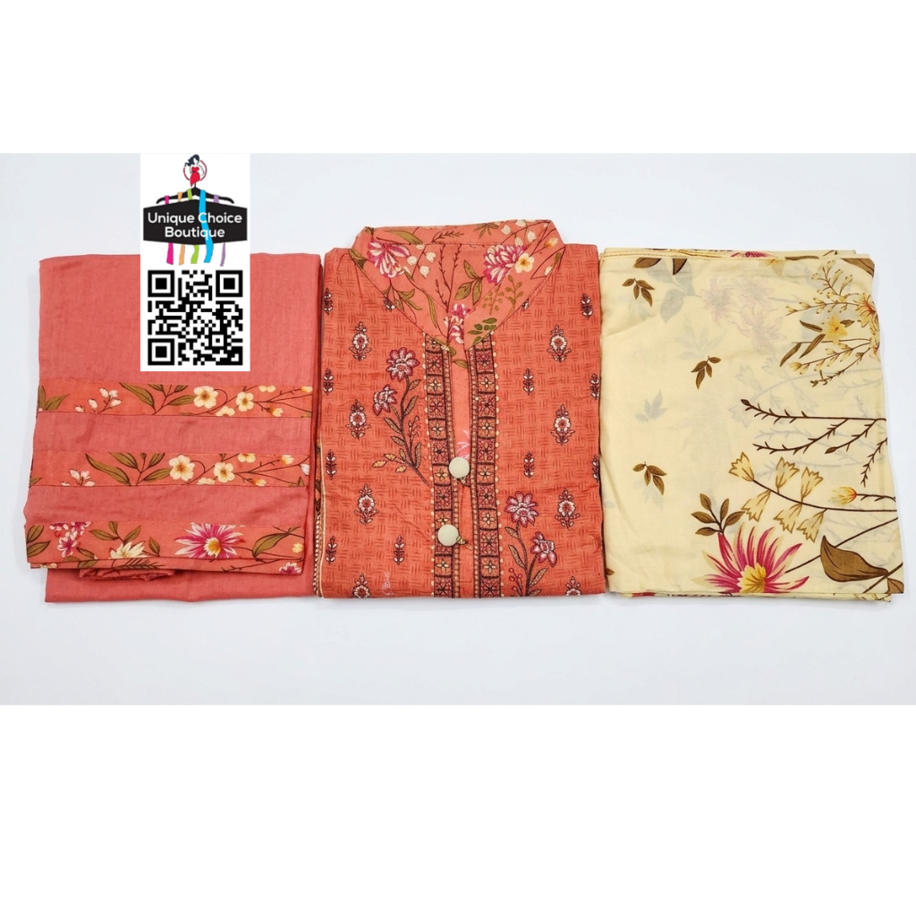 Premium Pakistani Lawn Suit - Coral Embroidered 3PC Set Salwar Suits