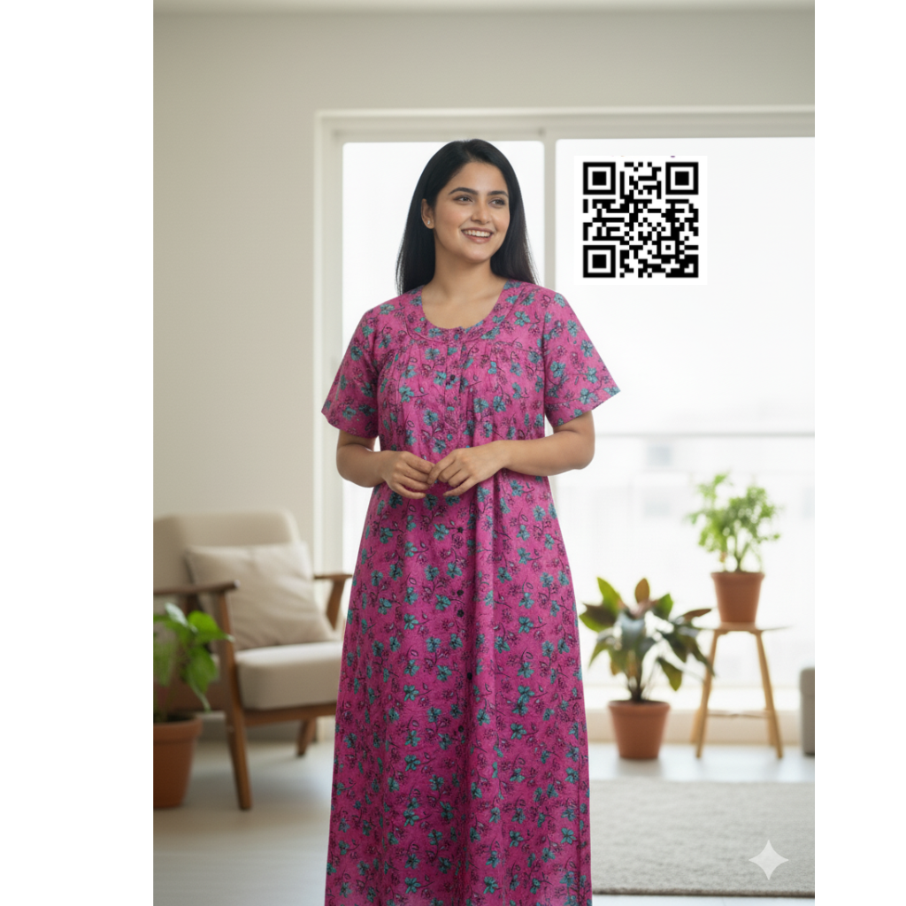 Front Full Open Cotton Nighty Pink