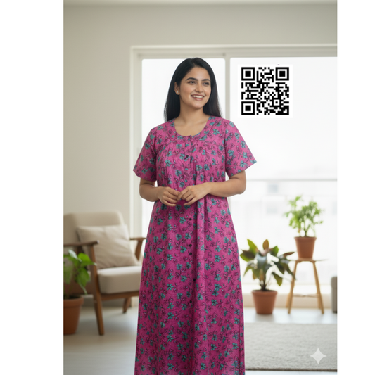 Front Full Open Cotton Nighty Pink