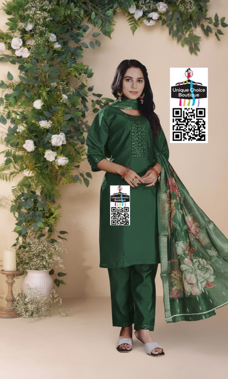 Green Roman Silk Kurti Pant Dupatta Set