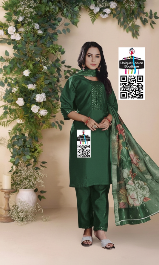 Green Roman Silk Kurti Pant Dupatta Set