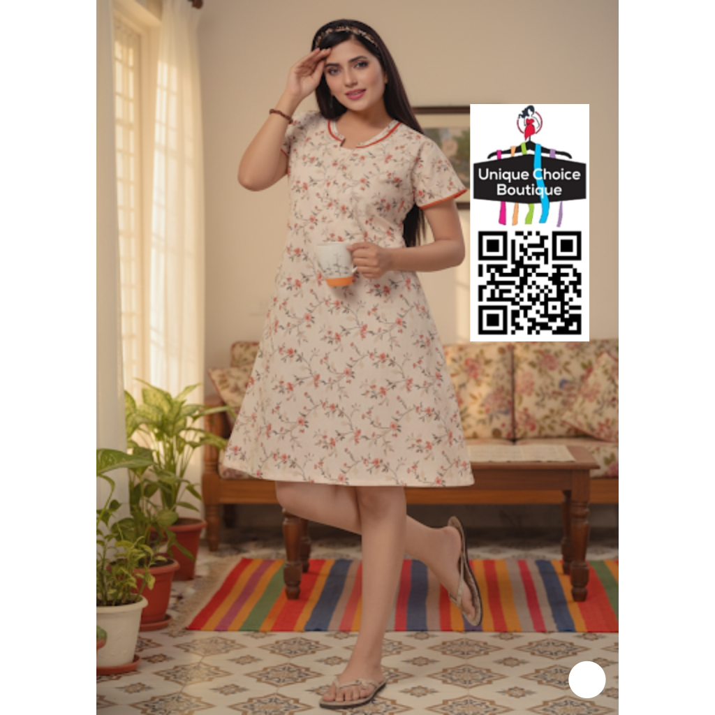 Half white with Orange Knee Length Nighty