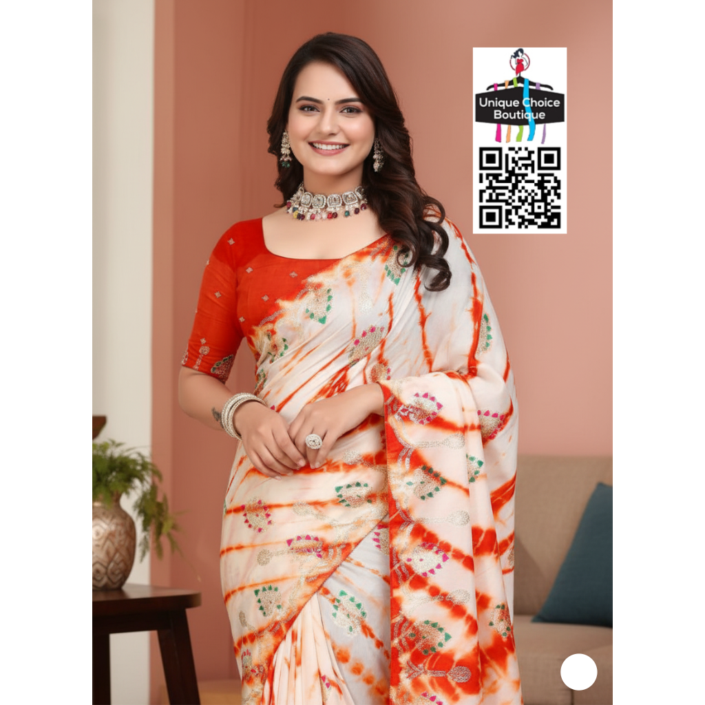 Handcrafted Shibori Saree in Russian Cotton Silk – Festive Orange & White 2