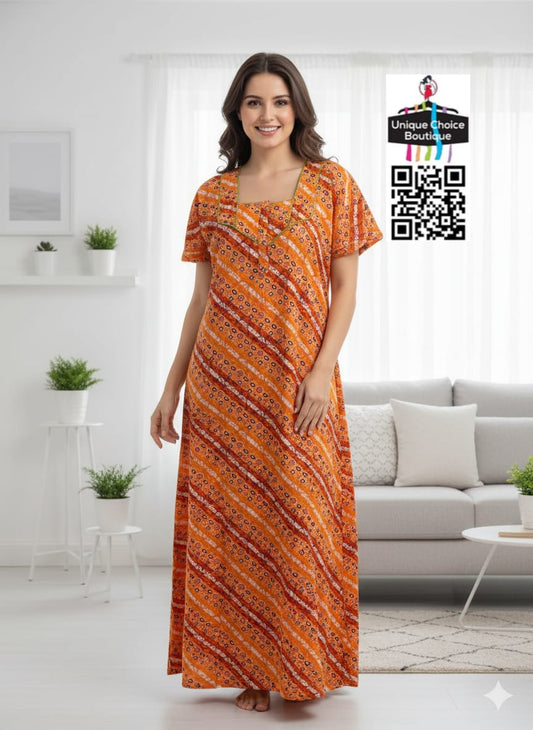 Orange & White Cotton Nighty with Stripes