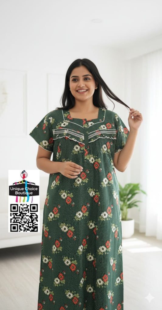 Cotton Feeding Nighty/ Maternity Dress with 3 Zips| Dark Green Floral | Free Size