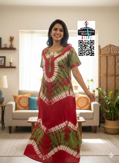 Red & Green Tie-Dye Chungudi Cotton Nighty