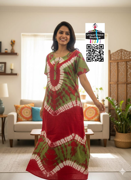 Red & Green Tie-Dye Chungudi Cotton Nighty