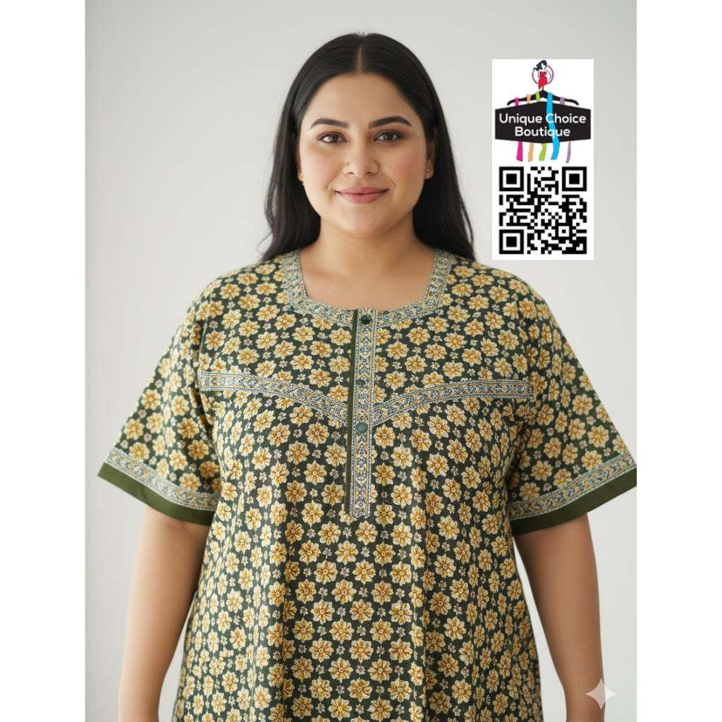 Jyothi Cotton Nighty – Plus Size - Pure Cotton Nightgown - Green-1