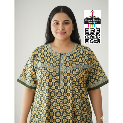 Jyothi Cotton Nighty – Plus Size - Pure Cotton Nightgown - Green-1