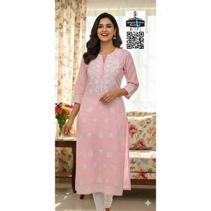 Lucknowi Chikankari Straight Kurti – Baby Pink-4XL Size new