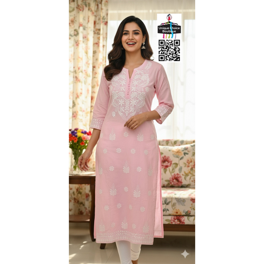 Lucknowi Chikankari Straight Kurti – Baby Pink-4XL Size new