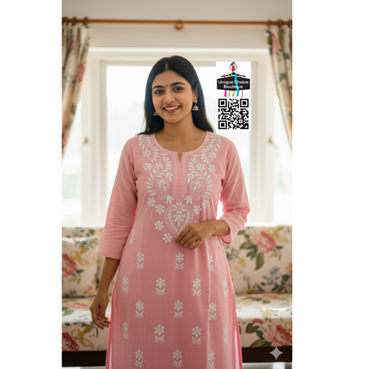 Lucknowi Chikankari Straight Kurti – Baby Pink-XXL Size