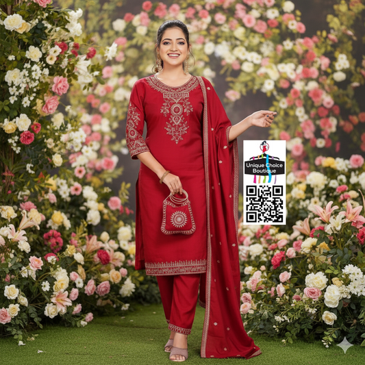 Maroon Red 3pc Stitched Salwar Suit Roman Silk Partywear with Handbag new