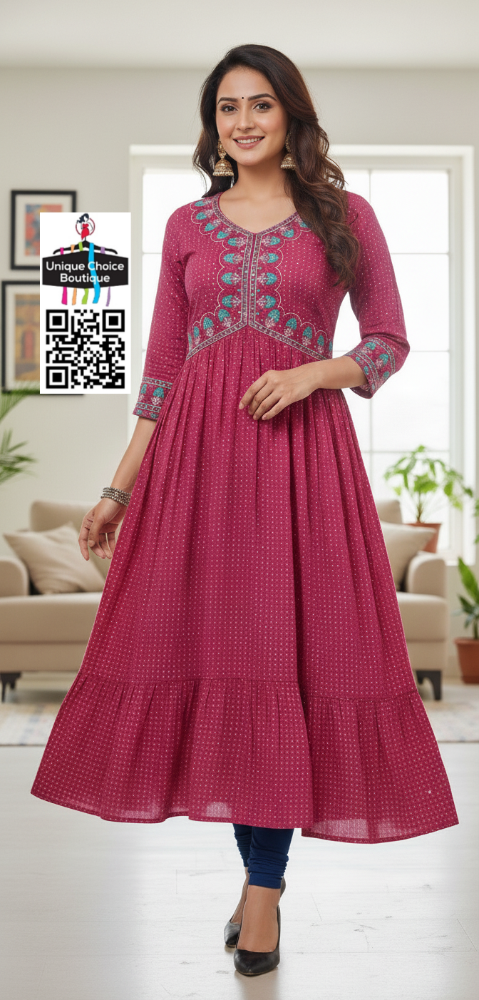 P Alia Cut Anarkali Kurti Embroidery Rayon Print new