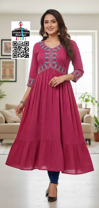 Pink Alia Cut Anarkali Kurti Embroidery Rayon Print new