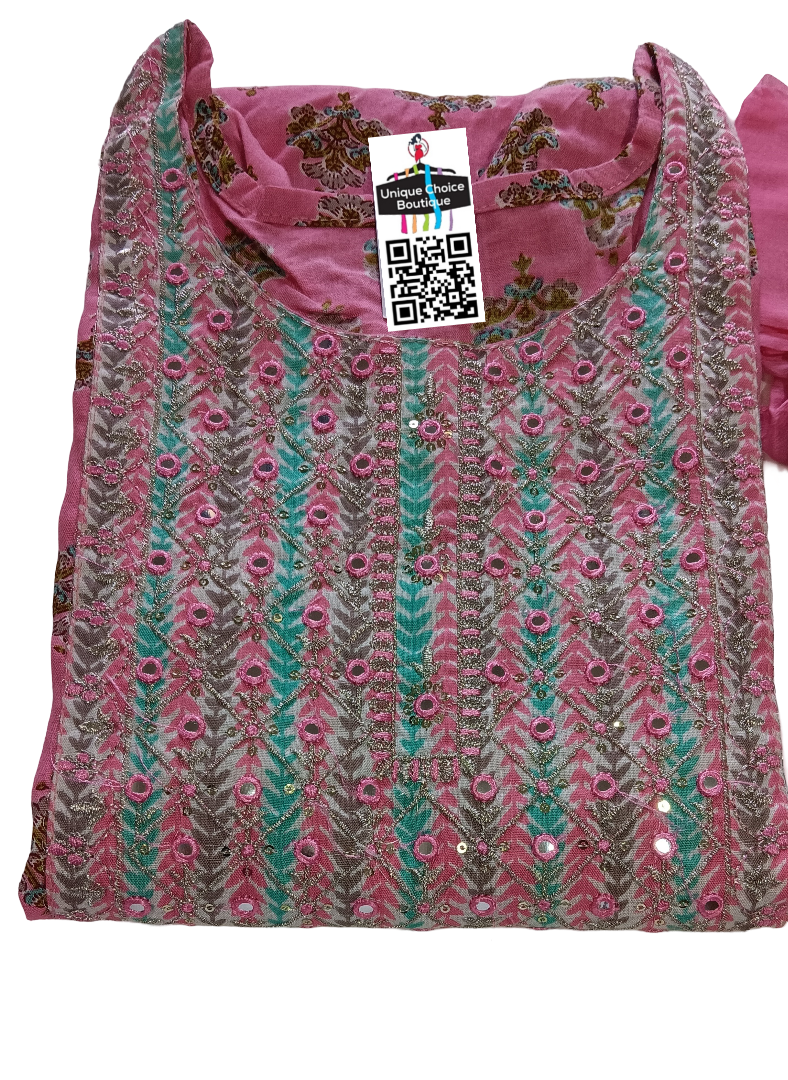 Pink Cotton Kurti Pant Dupatta Set 3