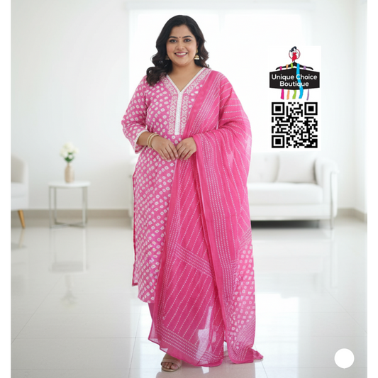 Pink Cotton Kurti Pant Dupatta Set Plus Size