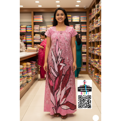 Pink Elastic Neck Cotton Nighty, No zip Nighty