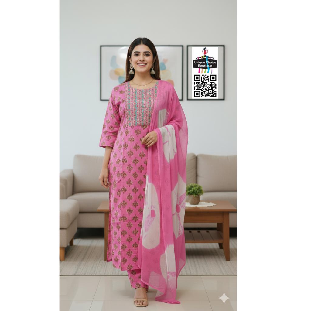 Pink Kurti Pant Dupatta Set, 3pc Salwar Suit Set