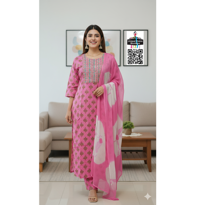 Pink Kurti Pant Dupatta Set, 3pc Salwar Suit Set