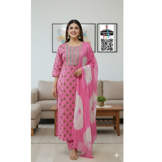 Pink Kurti Pant Dupatta Set, 3pc Salwar Suit Set